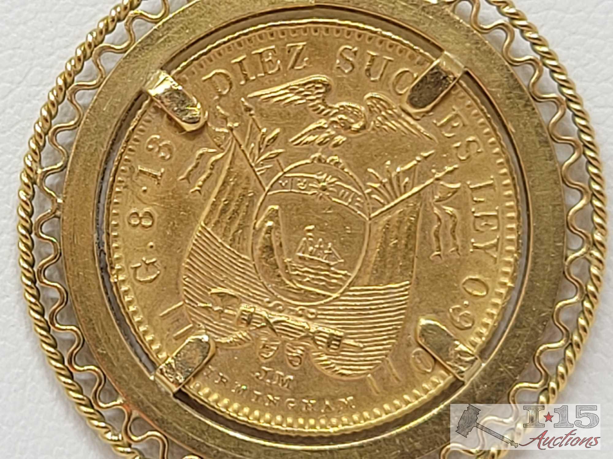 1899 Republica Del Ecuador 10 Sucres Gold Coin, 12.85g