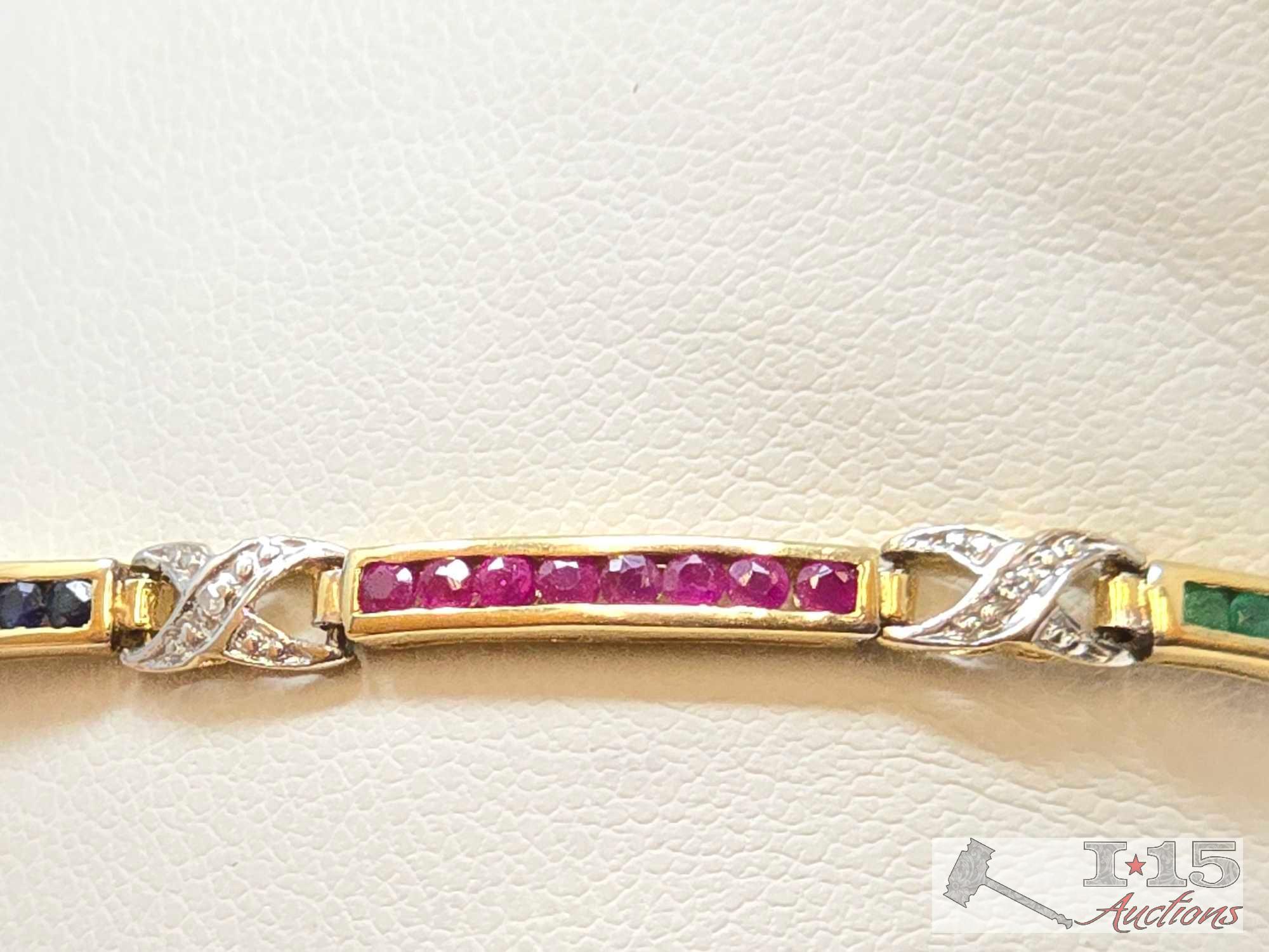 10k Gold Ruby, Sapphire, Emerald & Diamond Bracelet, 5.60g