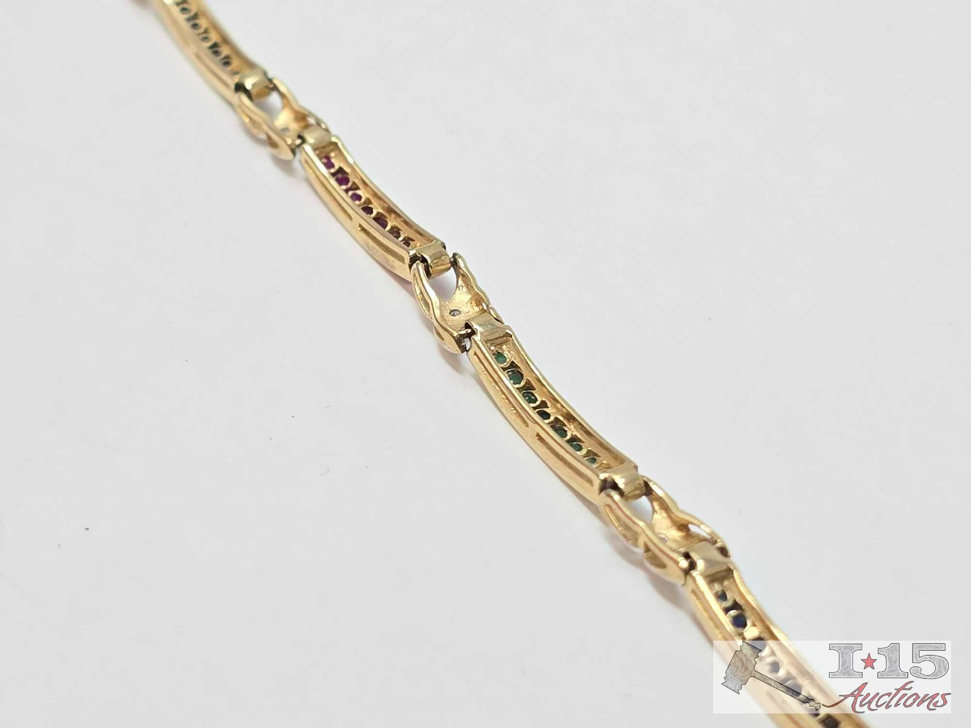 10k Gold Ruby, Sapphire, Emerald & Diamond Bracelet, 5.60g