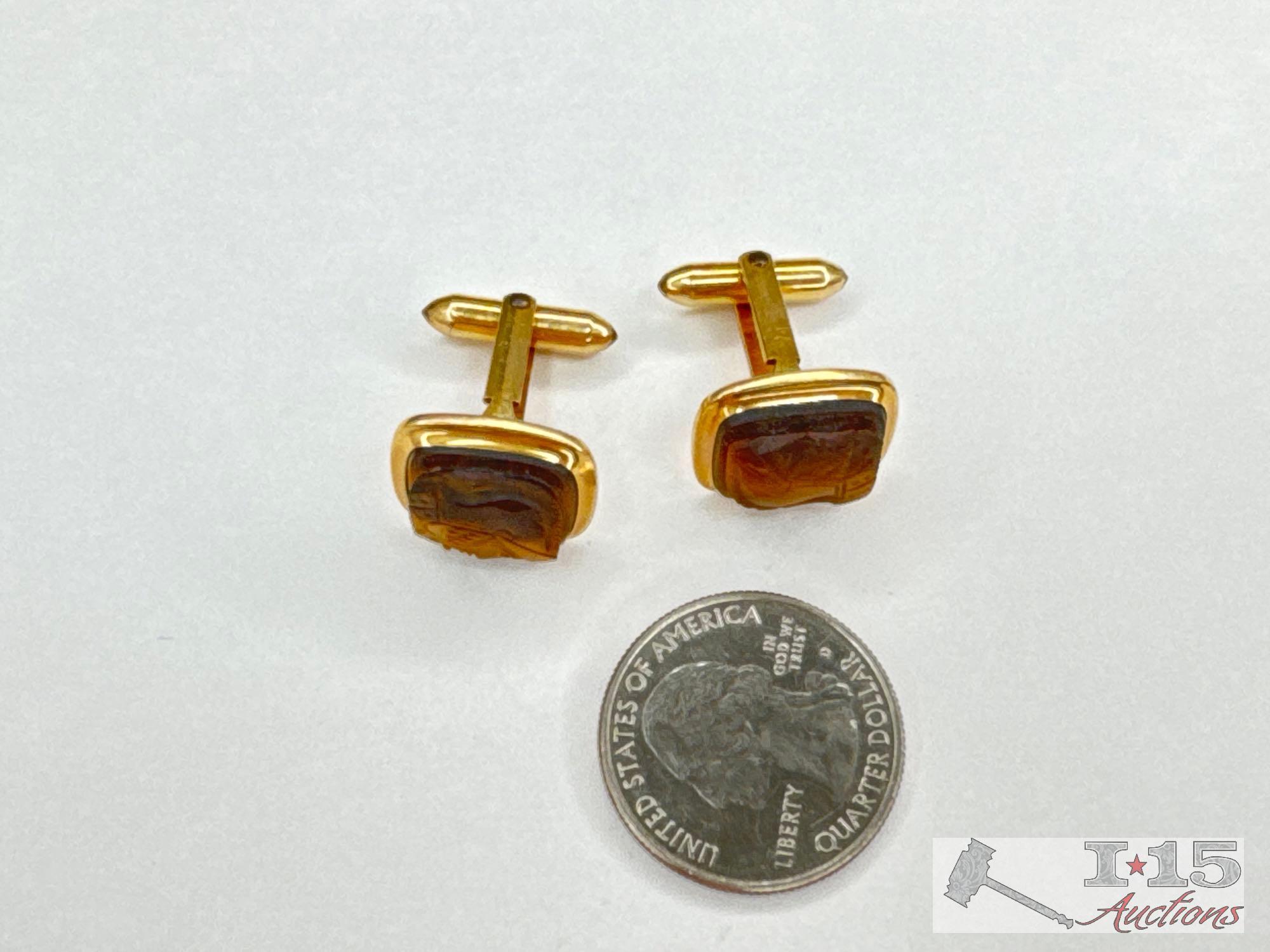 12K Gold Filled Cuff Links with Tiger Eye Stone, 8.04g