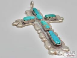 Native American Sterling Silver 6 Stone Turquoise Cross Pendant, 23.32g