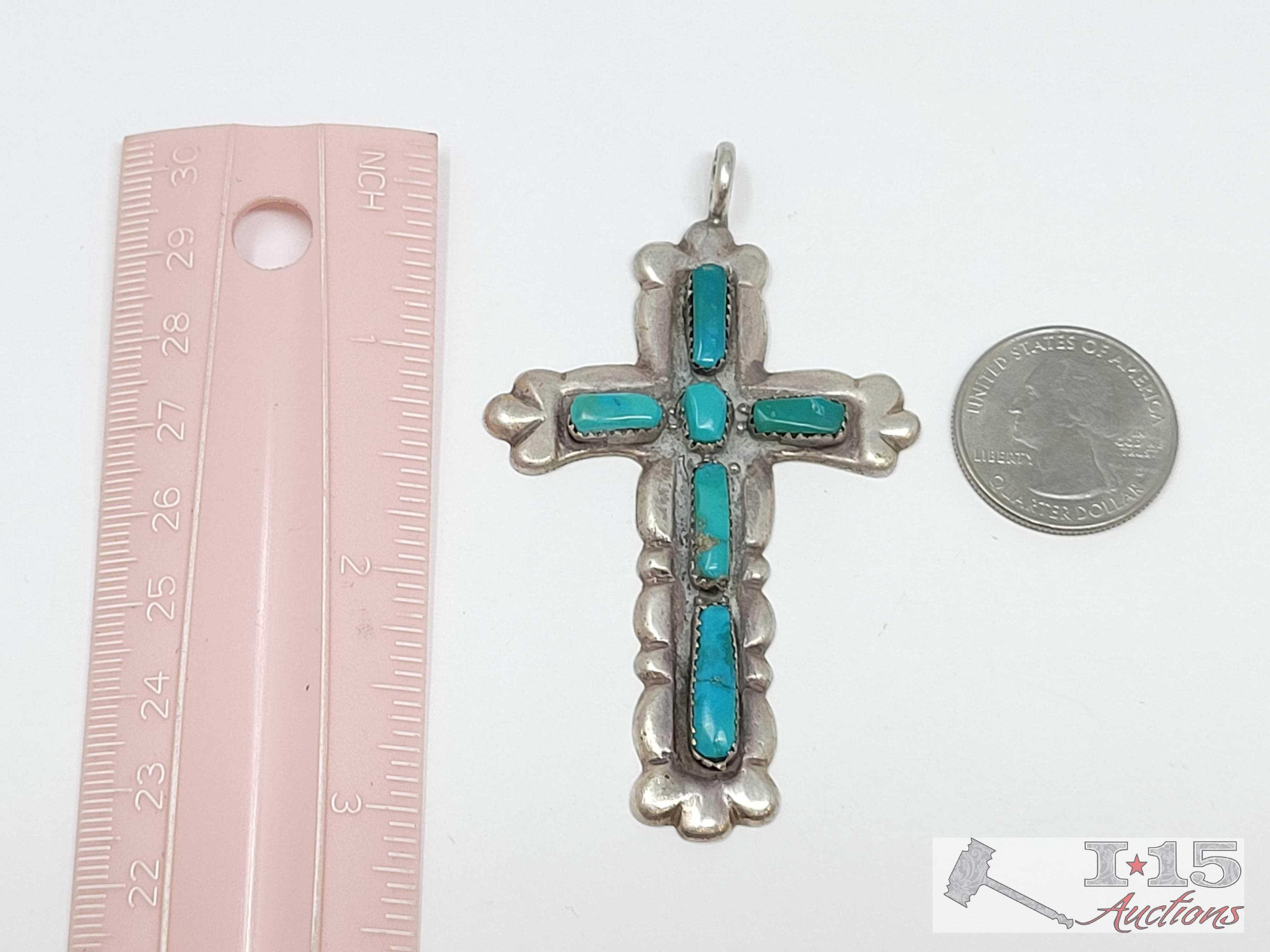 Native American Sterling Silver 6 Stone Turquoise Cross Pendant, 23.32g