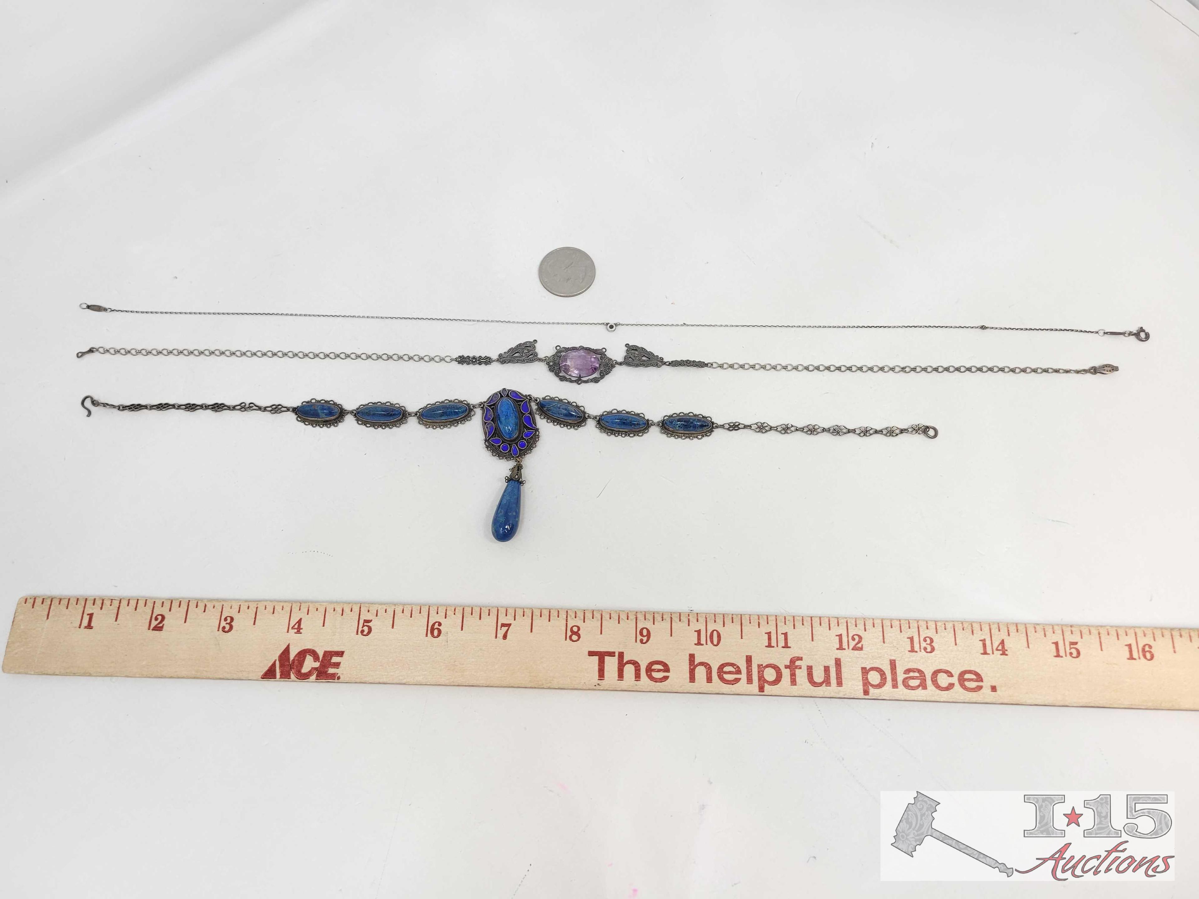 (3) Sterling Silver Necklaces with Semi Precious Stones & Diamond, 35.81g