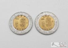 (2) 2000 & 2011 Mexico $5 Peso Coins