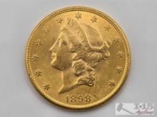 1898 $20 Liberty Head Double Eagle Gold Coin, 1oz
