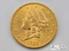 1904 $20 Liberty Head Double Eagle Gold Coin, 1oz