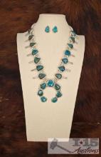 Native American Sterling Silver Squash Blossom Necklace with Turquoise Stones and Earrings, 118g