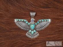 Native American Sterling Silver Thunderbird Pendant with Turquoise Stones, 25g