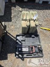 (2) Metal Gas Cans & GM 2.5 Ton Jack