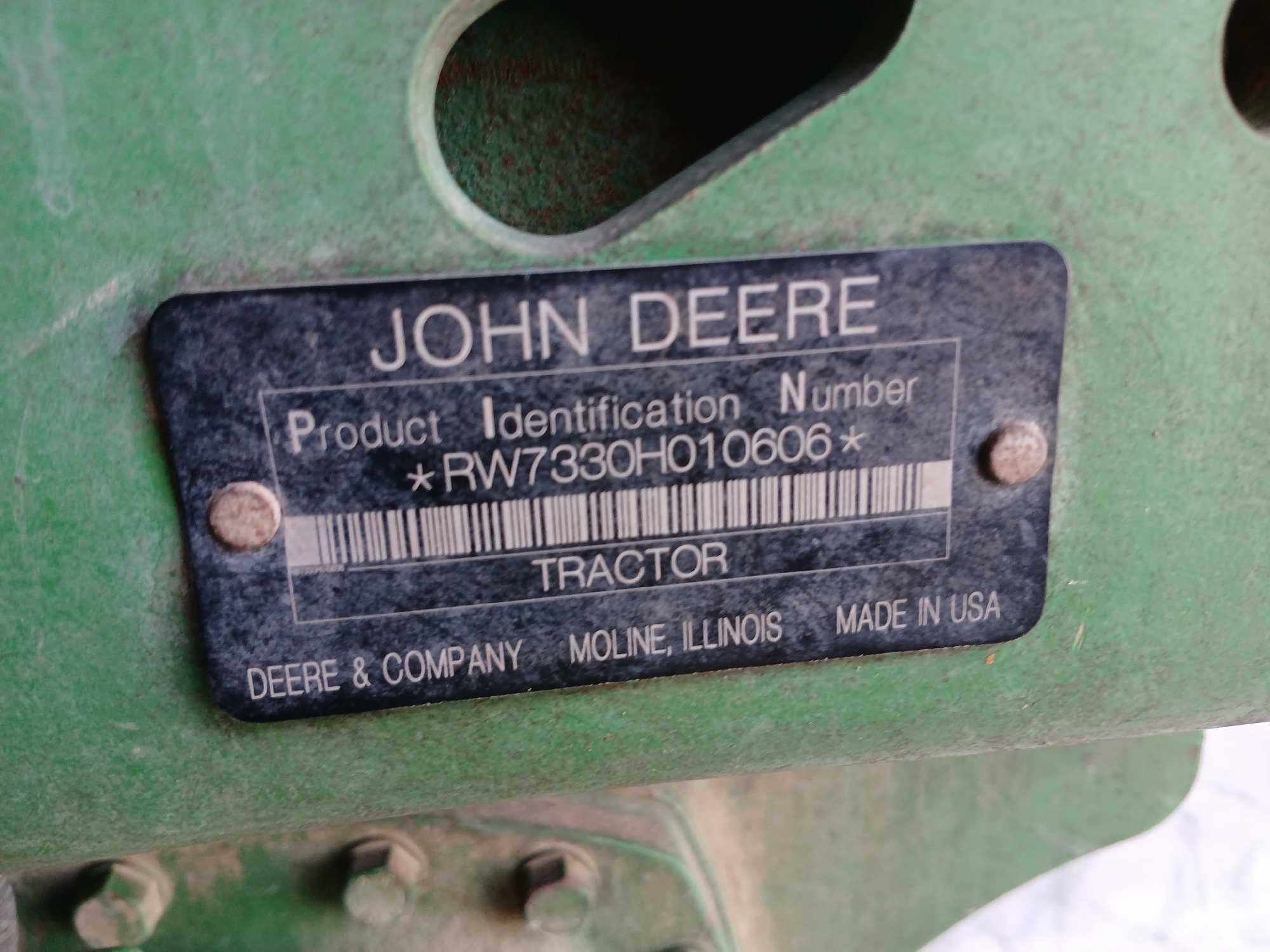 2009 John Deere 7330 Farm Tractor w/ AC Cab *RECEIPT SERVES AD BILL OF SALE