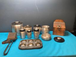 Aluminum canister set, muffin pan, copper box and masher