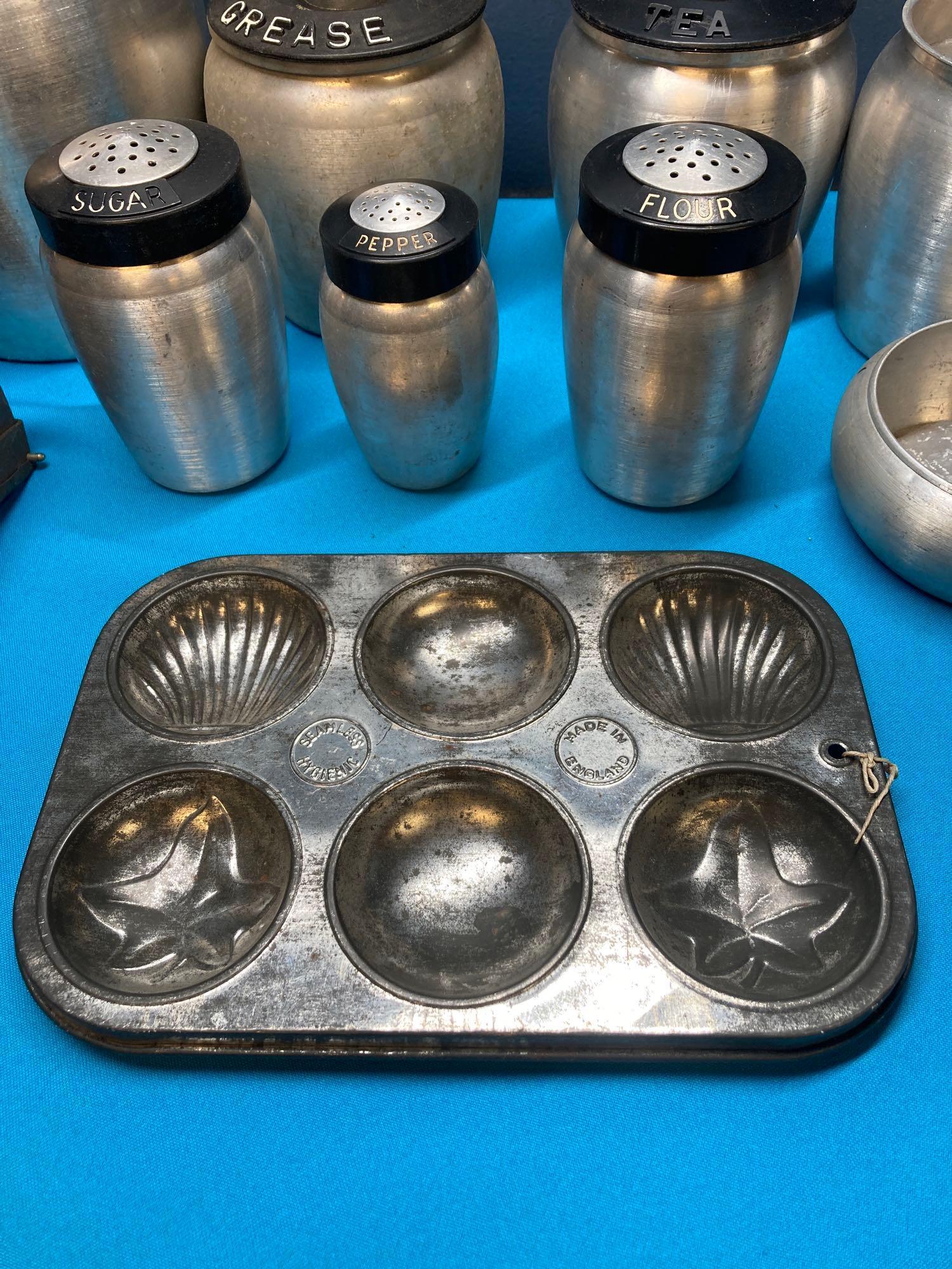 Aluminum canister set, muffin pan, copper box and masher