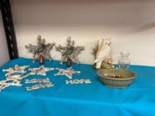 Bird tree toppers and ornaments, white owl, glass, duck face signed, Hager planter and more.