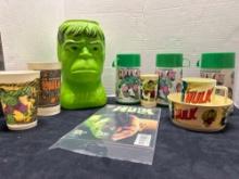 incredible Hulk 1970s collectibles Trick-or-treat, pale bowls, thermos comic book