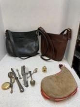 Two coach purses, vintage silverware, leather flask, perfume bottle