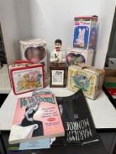 Strawberry shortcake and Peter Pan vintage lunchboxes battery operated bunnies, pinup book and more