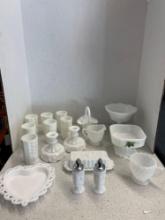 White milk, glass lot, including salt and pepper, shakers butter, dish, candleholders, glasses, and