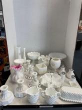 Milk, glass lot, including butter, dish, salt, and peppers, vases candleholders more