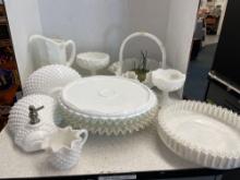 Milk, glass lot, including two ruffled silver crest cake, plates, a pitcher, and wall decor