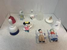 antique porcelain figures. Viking glass bell. flower pattern glass bell, mini mouse dish and more