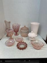 Pink Fenton, pink depression, Jeanette Shell pink vase, and candy dish