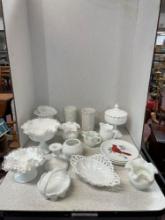 Three pieces of Fenton Silvercrest dishes, hand painted plates, candy dish, vases, and more