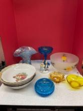LE Smith iridescent fan vase, Diamond point candy dish, yellow heart, dish, and more