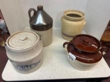 antique two tone pottery, gallon jug, and pottery, vase and cookie jar and two tone jar mccoy