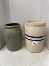 Pair of antique crocks, One with blue paint, one with blue stripes number 3
