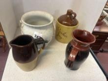 two-tone pottery vase and red and black pitcher, large handle basket pottery and nice cookie jar