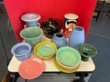 multicolored fiesta bowls and plates, McCoy pottery vase and other vintage pottery, vases, pitchers