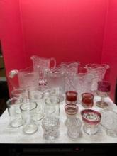 Beautiful glass pitchers, six total and other glassware