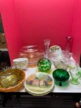 Large glassware lot, fire king, Fenton satin plates, pink depression, green depression, and more