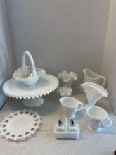 Nice milk glass lot, including Fenton pedestal ruffled cake, stand salt, and pepper shakers in