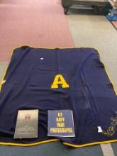 Akron university wool blanket, military booklets, other linens