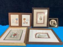 Vintage framed postcards, needlepoint pictures, and a silhouette