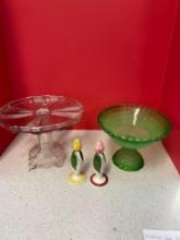 Victorian cake pedestal, uranium glass compote, Blue Ridge salt and pepper set