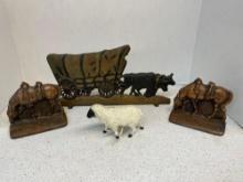Cast iron stagecoach doorstop, horse copper bookends, cast iron sheep bank