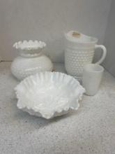 Milkglass pitcher, lampshade, bowl, and cup