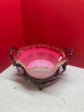 Brides basket pink ruffled bowl and silver plate frames with fruit on handles