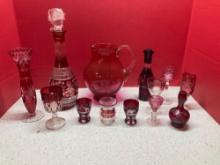 Cranberry glass cut to clear hand painted decanter, vase, cordials more