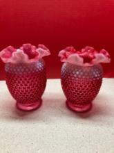 Tagged Fenton cranberry hobnail ruffled vases