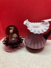 Fenton purple hand painted fairy light lamp and Fenton Purple Cased Pitcher Ruffled Vase