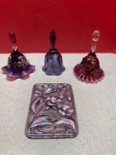 3 Fenton bells, 2 handpainted, iridescent morning glory glass