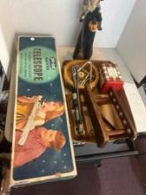 vintage skil craft satellite telescope wooden carved witch, log dish, metal nut crackers, pipe, and