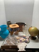 Replogle desk globe, copper container, Longaberger tissue basket, more