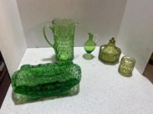 Beautiful green glass lot, imperial glass, colonial, and large wheel basket