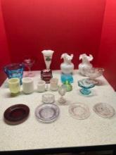 Nice glass lot including ruffled vases, Fenton hobnail ashtray, handpainted trinket box, more