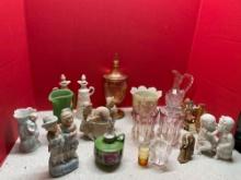 Art glass, green vase, handpainted glass, lusterware compote, cruets, And more