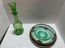 large green glass cruet with stopper and depression glass hand painted dish